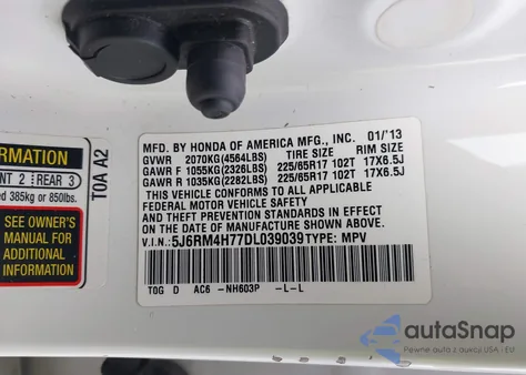 2013 Honda Cr-V Ex-L from USA, damaged, VIN 5J6RM4H77DL039039